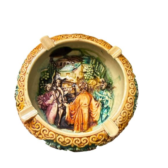 Vintage Hand Carved Jade Chinese Ashtray Relief Scene Ceramic Decor Made Italy - Picture 6 of 11